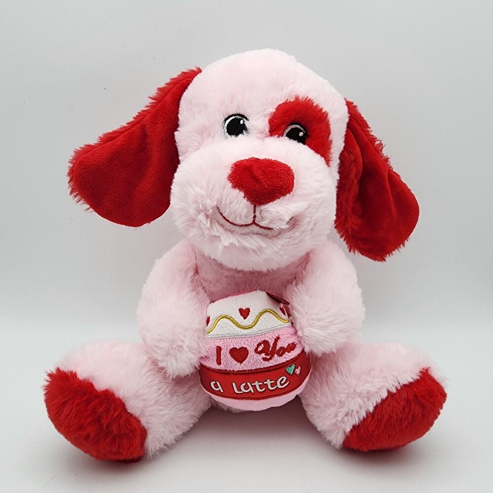 I Love You Latte Pink Dog Plush Stuffed Animal Toy 10" Sewn Eyes Red Valentines